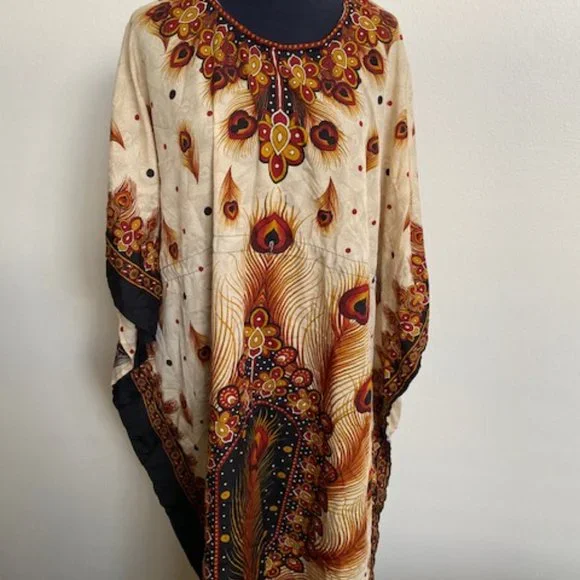 J Gee Dresses | J Gee Design Poly Tunic Dress, Made In India, Peacock Pattern. One Size | Color: Brown/Cream | Size: One Size | Royceh08's Closet